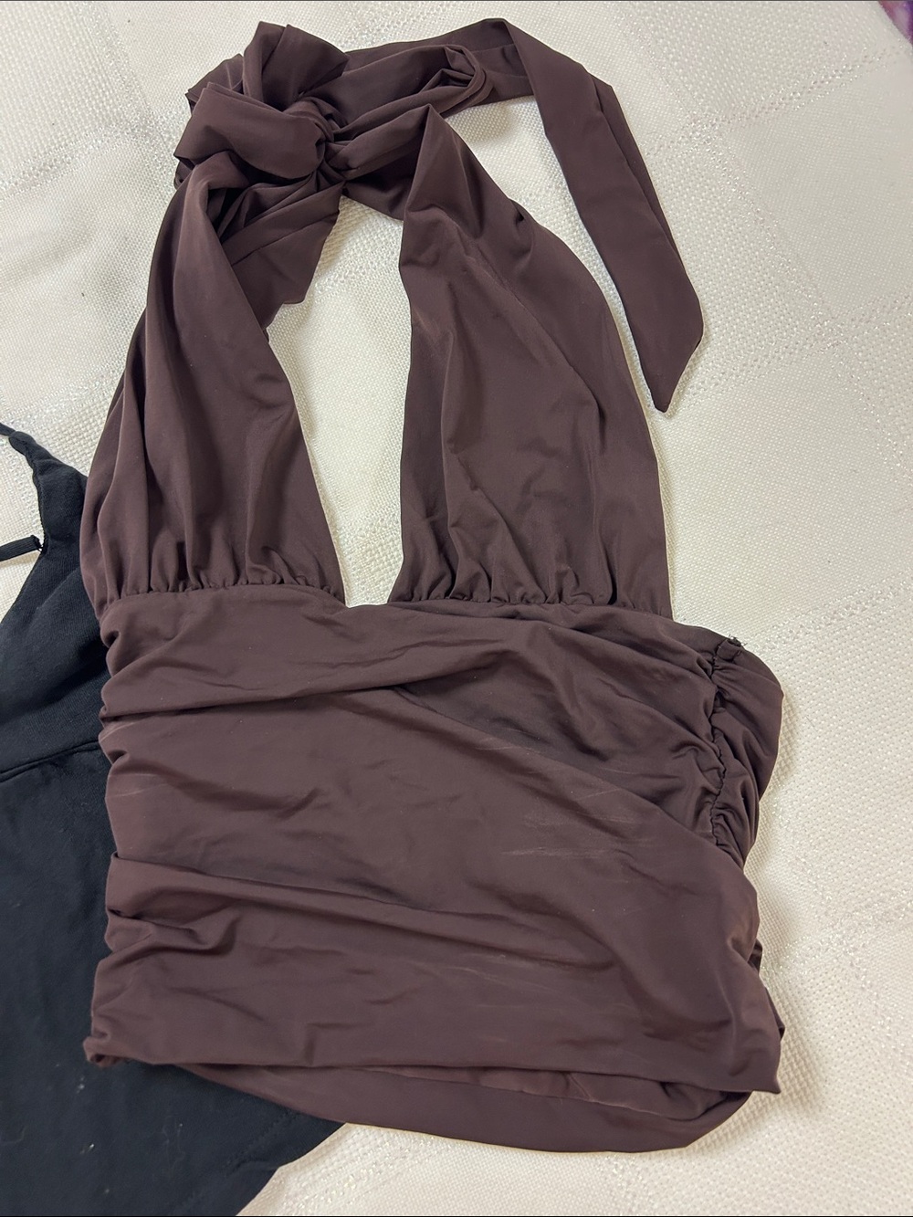 Black and Brown Halter Crop Tops with Tie Neck set of 2 image 2